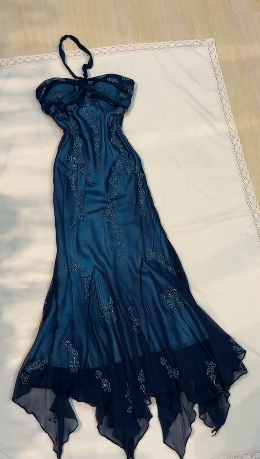 Dark Teal Halter Sweatheart Vintage Long Evening Dress, DP2506