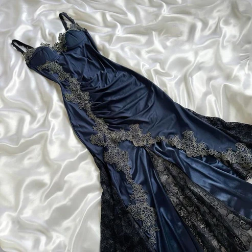 Navy Vintage Appliques Lace Charming Formal Evening Dress, DP2507