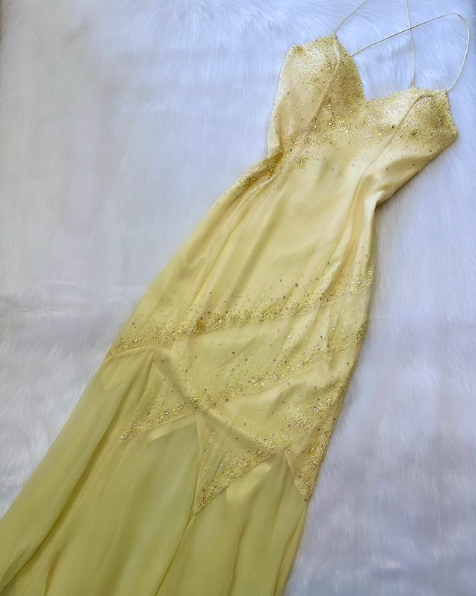 Glitter Pastel Yellow Straps Beading Vintage Long Party Dress, DP2287