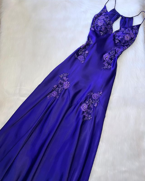 Bright Purple V Neck Beading Mermaid Vintage Evening Dress, DP2288
