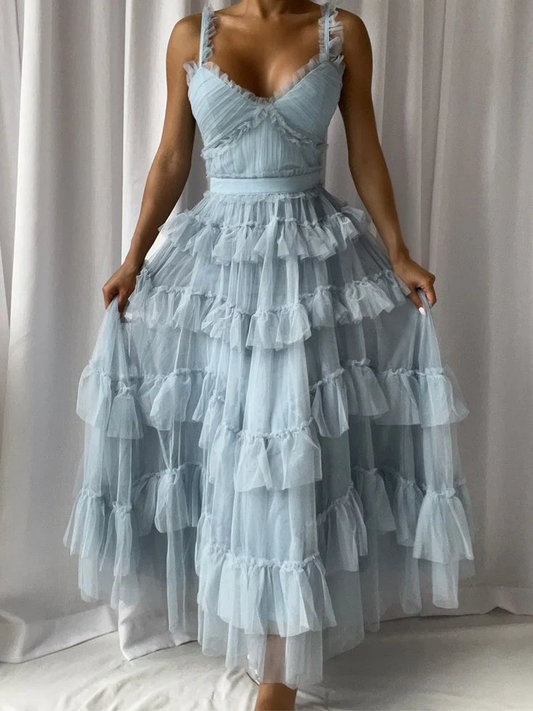 Light Blue A-Line Tulle Tiered Cute Prom Dress Party Gown, DP2561