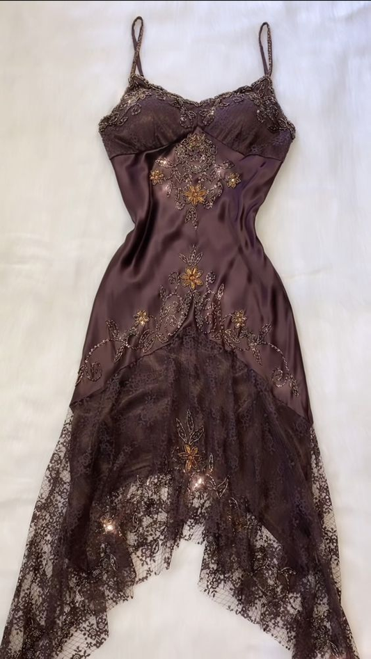 Vintage Spaghetti Straps Lace Beading Charming Evening Dress, DP2509