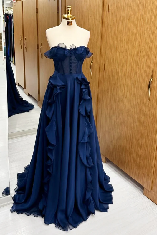 Navy Blue Strapless A-Line Ruffles Formal Long Prom Dress, DP2568