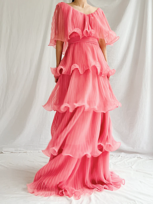 Watermelon Red Chiffon A-Line Tiered Elegant Long Party Dress, DP2539