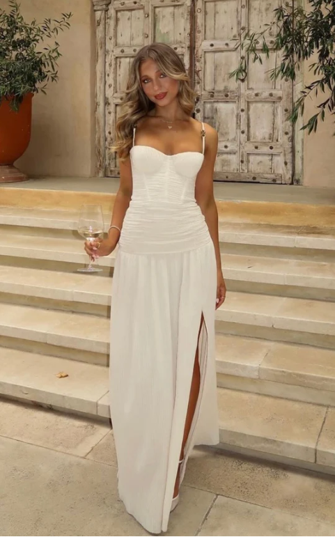 Ivory Spaghetti Straps A-Line Charming Long Evening Dress with Slit, DP2540