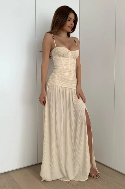 Ivory Spaghetti Straps A-Line Charming Long Evening Dress with Slit, DP2540