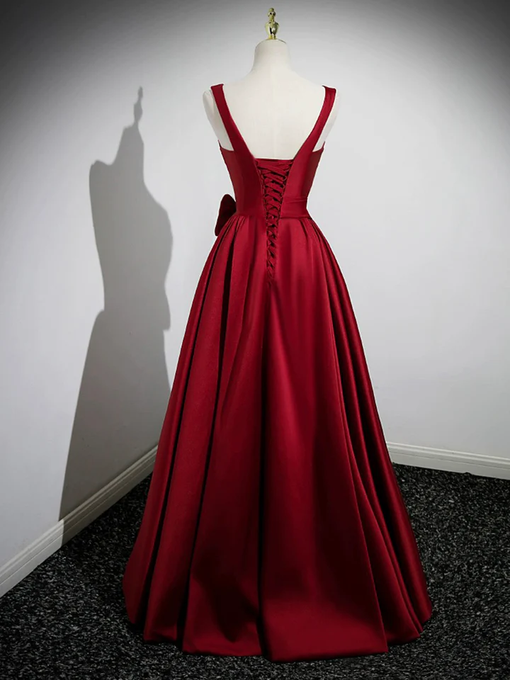 Red Satin Long Prom Dress with Flowers Elegant A-Line Enening Gown, DP2472
