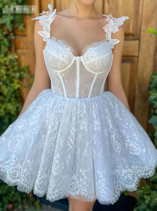 White Sweatheart Lace A-Line Charming Short Party Dress, DP2557
