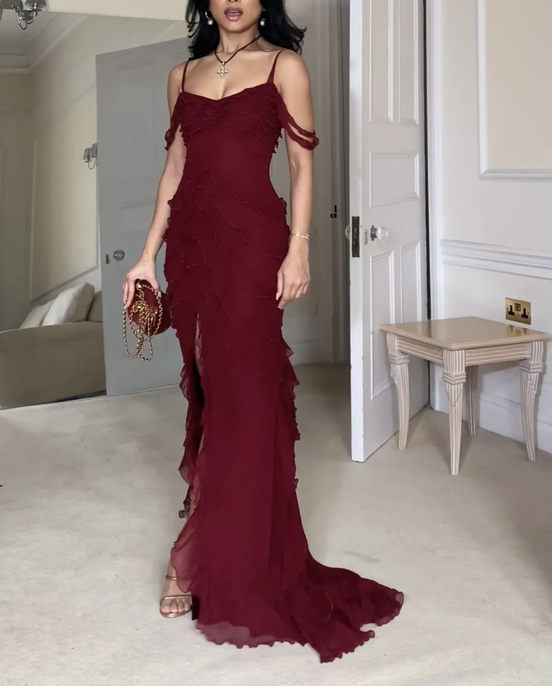 Wine Red Off Shoulder Straps Multi-layered Ruffles Long Prom Dress, DP2592