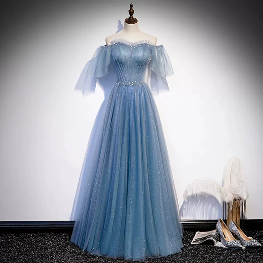 Shiny Blue Off Shoulder Beading Tulle Formal Evening Gown Prom Dress, DP2466