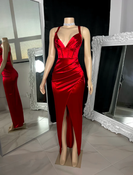 Charming Red Satin Straps Long Party Dress with Slit, DP2608