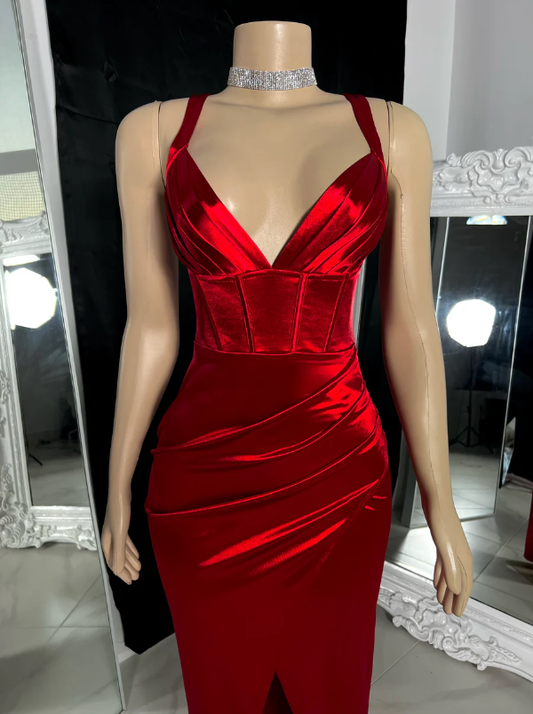 Charming Red Satin Straps Long Party Dress with Slit, DP2608