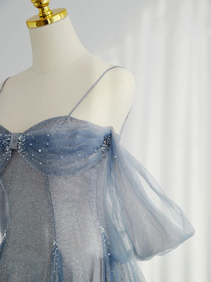 Blue Tulle A-Line Straps Off Shoulder Formal Evening Party Dress, DP2480
