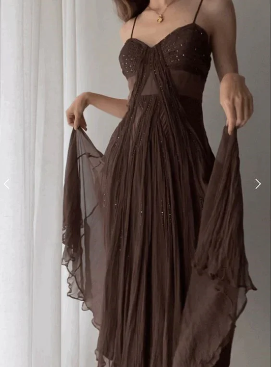 Vintage Straps Party Dress Brown A-Line Evening Dress, DP2280