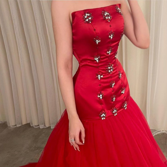 Red Strapless Tulle Long Prom Dress Wedding Dress with Beads,DP1062