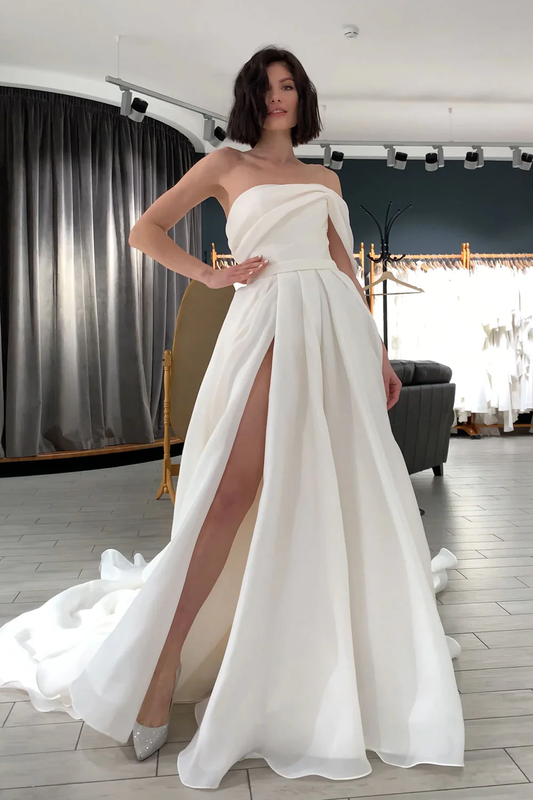 Ivory One Shoulder A-line Organza Simple Wedding Dresses Long Prom Dress,DP1245