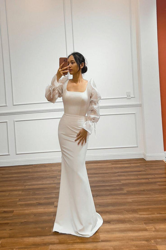White Square Neck Long Sleeves Mermaid Long Prom Dress Light Wedding Dress,DP1477