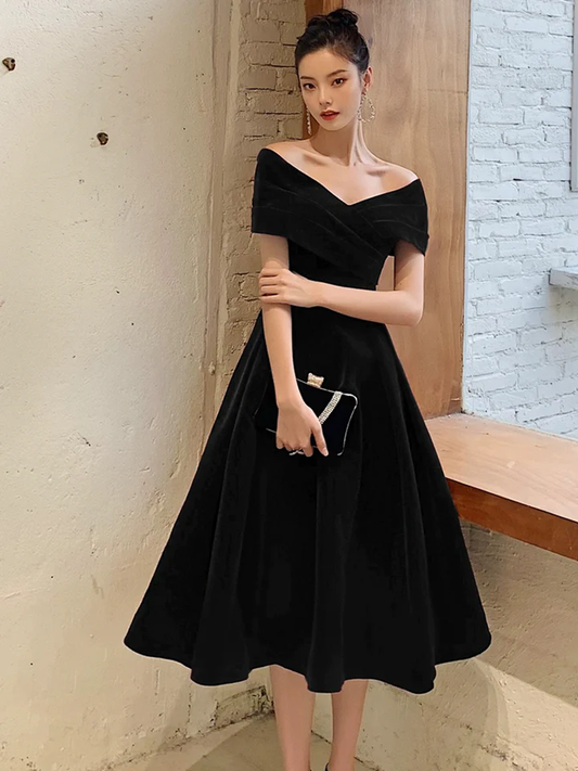 Black Off Shoulder Velvet Knee Length Formal Prom Dress Evening Party Dress,DP1732