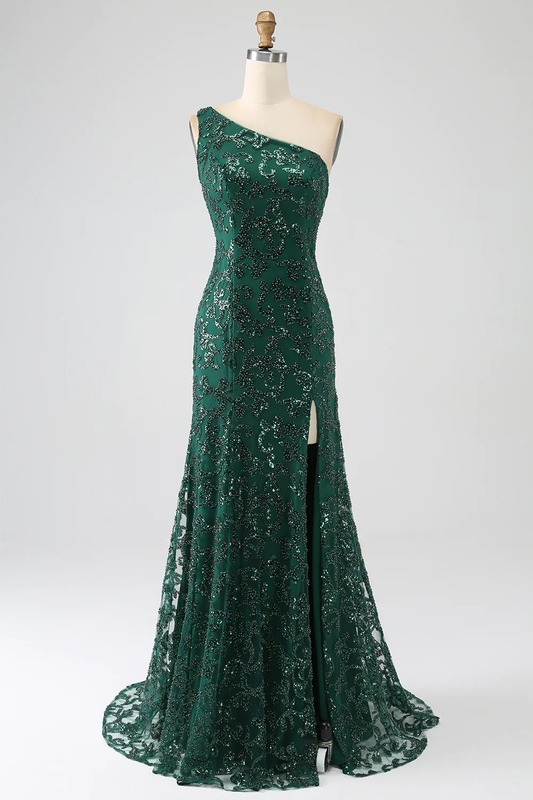 Sparkly Dark Green One Shoulder Sequin Mermaid Long Prom Dress with Slit,DP1869