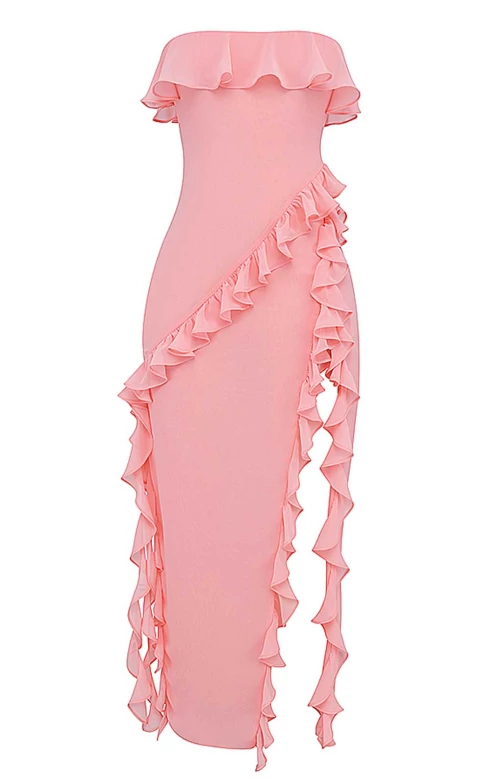 Pink Strapless Rufffle Long Party Dress with Slit,DP1878