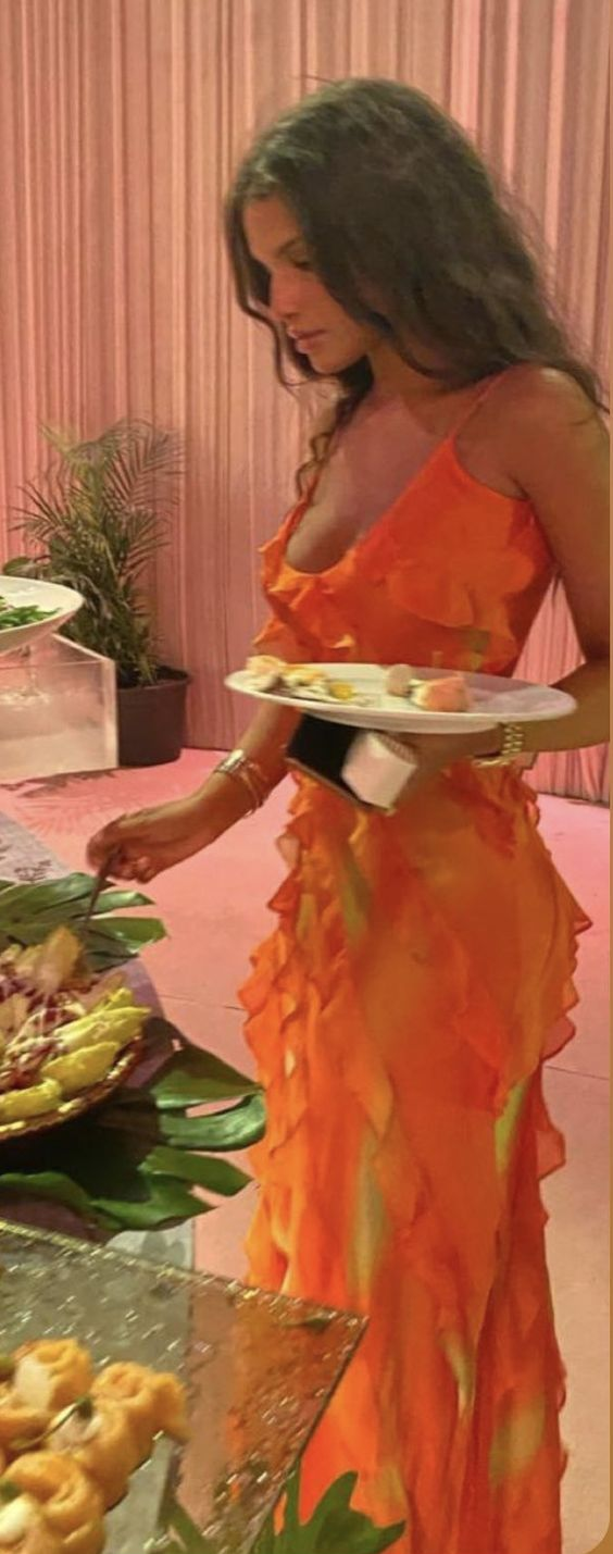Orange Spaghetti Straps Mermaid Long Party Dress Wedding Guest Dress,DP1896