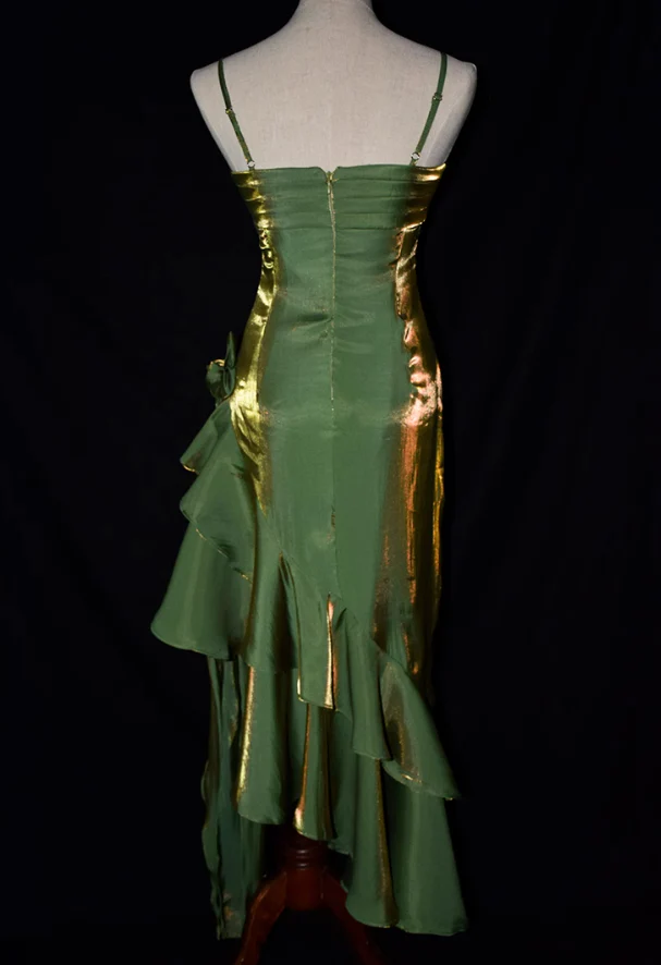 Green Spaghetti Straps Ruffle Vintage Party Dress, DP2083