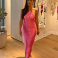 Hot Pink Halter Open Back Chic Long Party Dress, DP2191