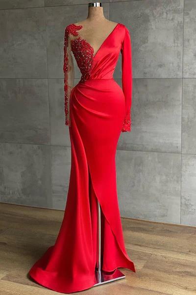 Red Long Sleeves V Neck Mermaid Prom Dress with Beadings, DP2214