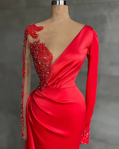 Red Long Sleeves V Neck Mermaid Prom Dress with Beadings, DP2214