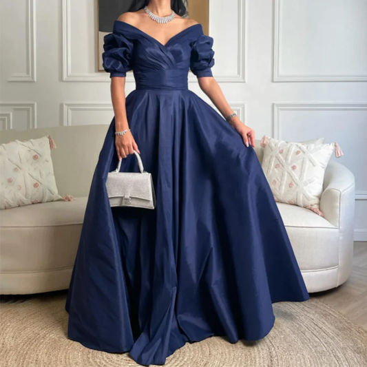 Elegant Navy Blue Off Shoulder A-Line Long Prom Dress, DP2222