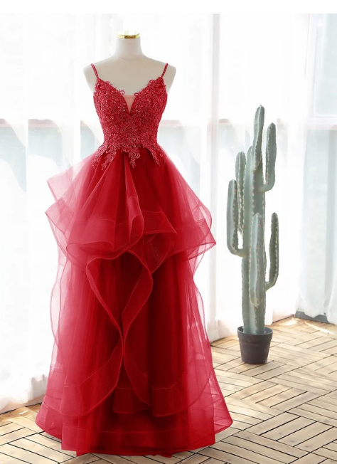 Red Spaghetti Straps A-Line Tulle Appliques Formal Prom Dress, DP2252