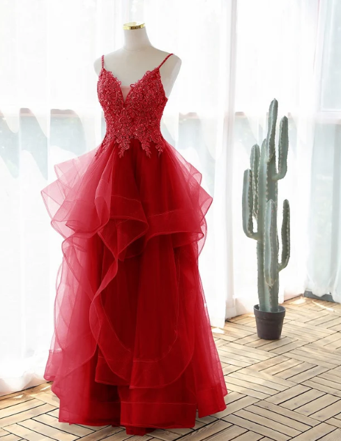 Red Spaghetti Straps A-Line Tulle Appliques Formal Prom Dress, DP2252