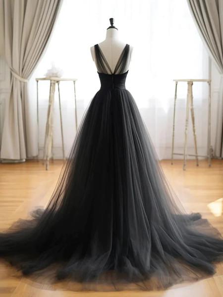 Black V Neck A-Line Tulle Formal Party Dress Evening Gown, DP2258