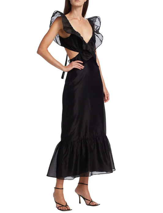 Black Ruffle Straps Backless Elegant Party Dress, DP2303