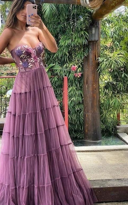 Gorgeous A-Line Embroidery Long Tulle Prom Dresses,DP0289