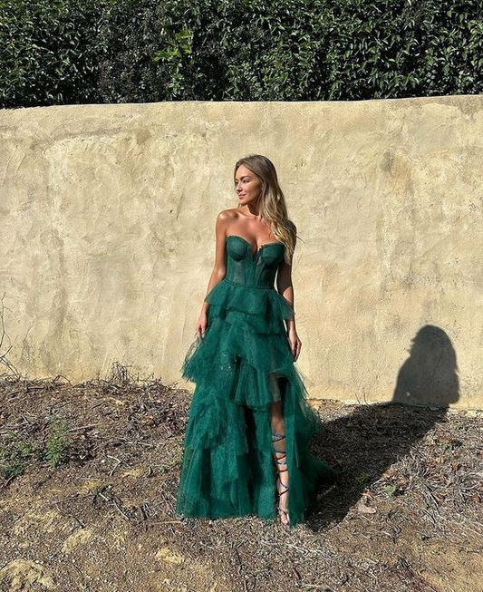 Sweatheart Tulle Tiered Hunter Green Slit Long Prom Dress Party Dress,DP472