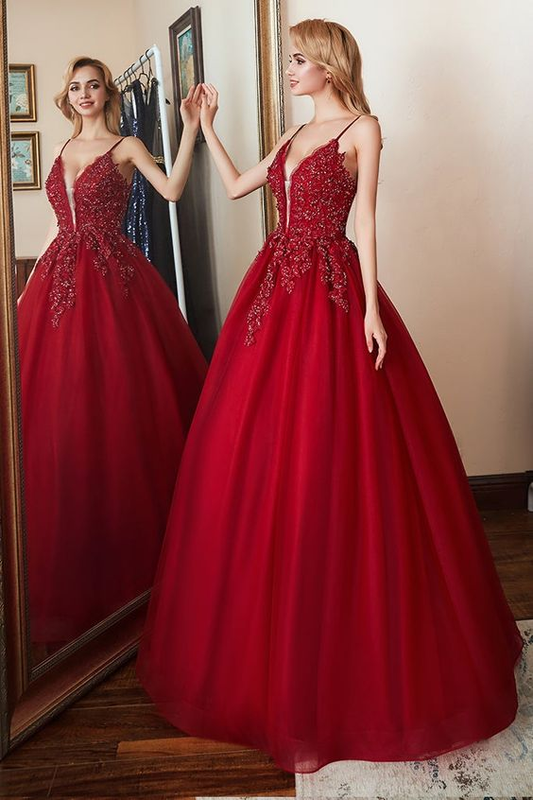 Spaghetti Straps Prom Dress Red With Appliques Formal Evening Dress,DP649