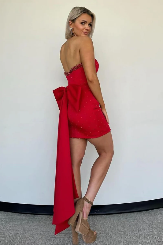 Red Strapless Beaded Bodycon Short Prom Dresses Homecoming Dress, DP2605