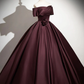 Dark Burgundy Satin Elegant A-Line Off Shoulder Evening Gown Formal Party Dress, DP2467