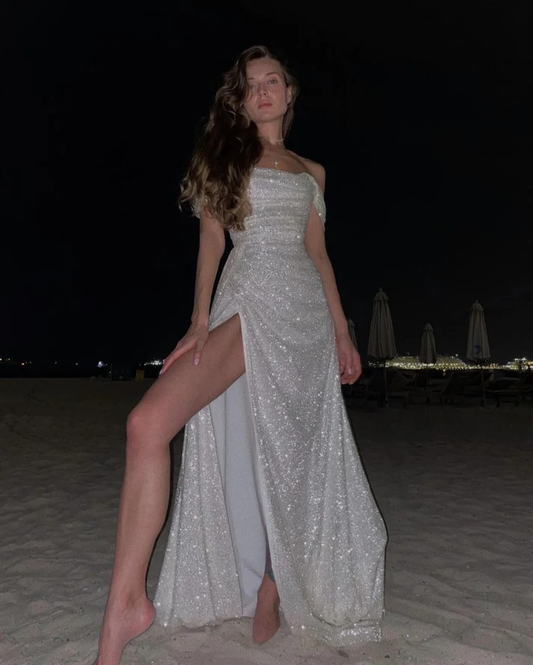 Silver Shiny Off Shoulder A-Line Evening Dress with Slit, DP2441