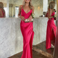 Rose Red V Neck Satin Long prom Dress with Slit, DP2454