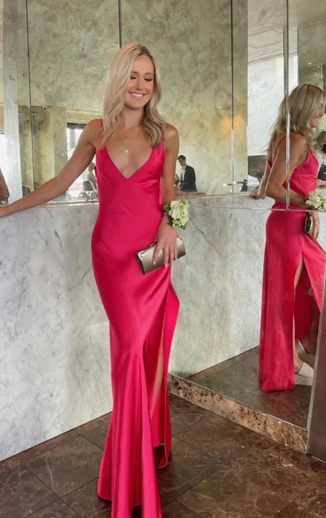 Rose Red V Neck Satin Long prom Dress with Slit, DP2454