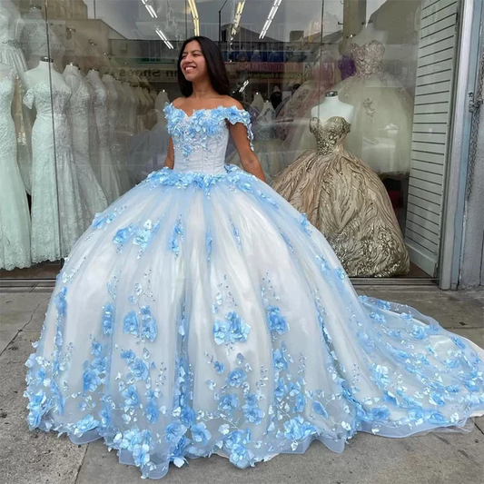 Sky Blue Quinceanera Dresses Princess 3D Rose Floral Party Birthday Dress Beaded Sweet 16 Prom Dress, DP2400