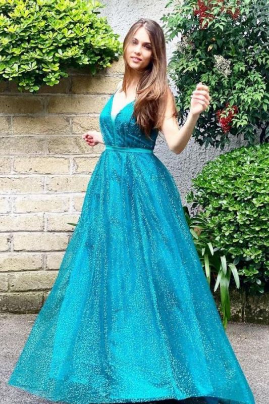 Vintage Sleeveless Peacock Blue Sequins A-Line Prom Dresses,DS2793