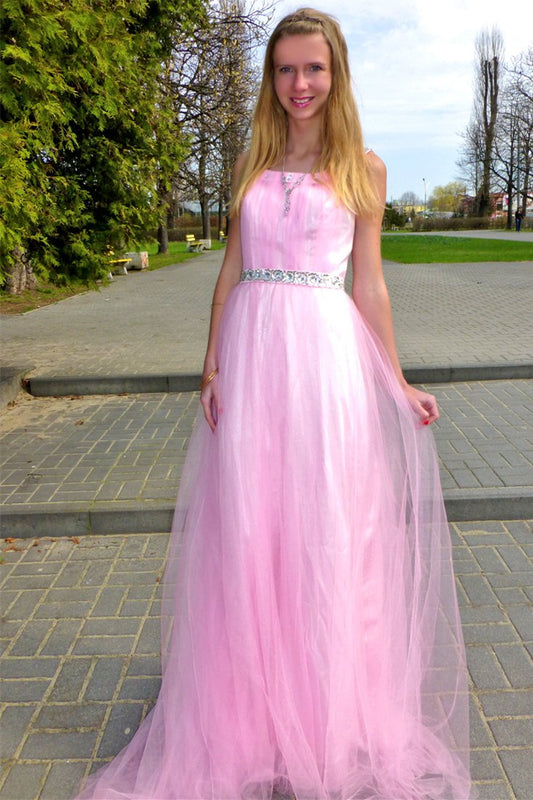 A-LINE WIDE STRAP FLOOR LENGTH CHRMUSE TULLE RHINESTONE PROM DRESS,DS3621