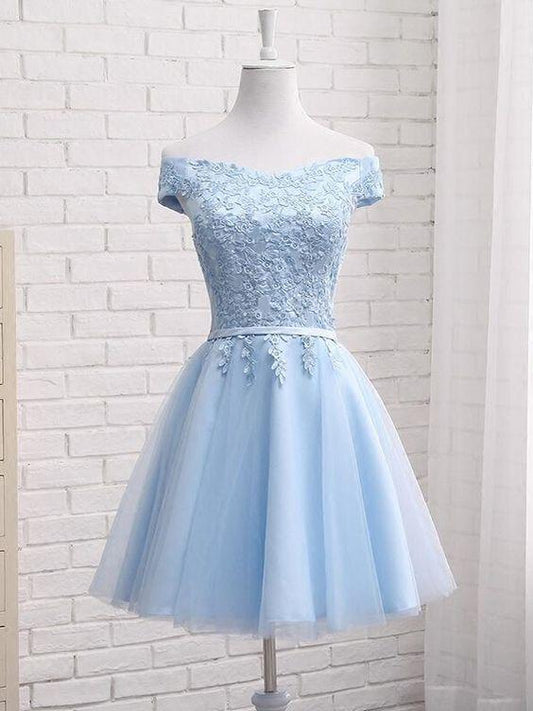Beautiful Light Blue Off Shoulder Tulle Party Dress, Blue Homecoming Dresses,DS1082
