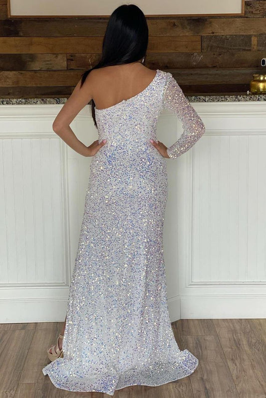 One Shoulder White Sequins Long Prom Dress with Slit,DS0305