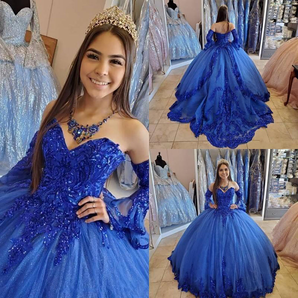 Royal Blue Princess Quinceanera Dresses 2020 Lace Applique Beaded