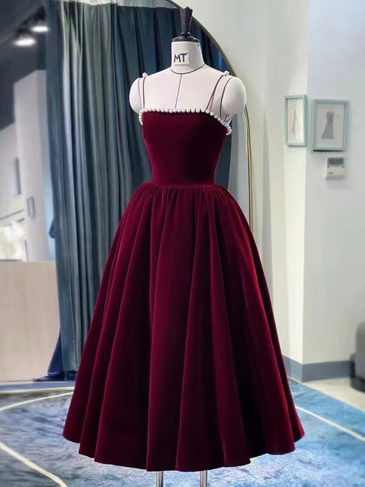 Velvet dress, red daily dress, spaghetti strap party dress,custom made,DP24579