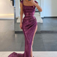 Grape Cap Sleeves Mermaid Prom Dress Square Sequins With Slit,DP077
